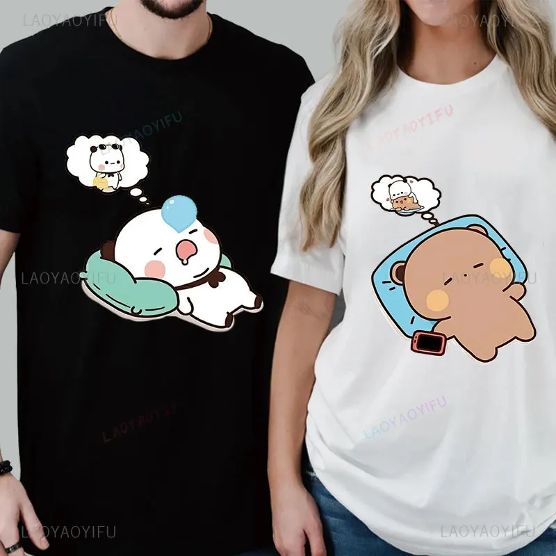 Couple Shirts Kawaii Cute BuBu Panda Going To Sleep with DuDu Bear Graphic Tshirt Funny Cotton Unisex Clothes Lovers' Clothes