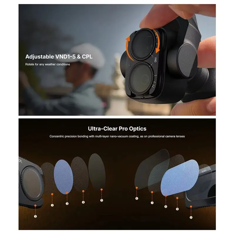 3CGRO-Stackable Diffusion Lens Filters Split Filter Kit 6658 For DJI Osmo Pocket 4P 6658 Includes ND16 ND64 ND256 CPL 1/4 Black