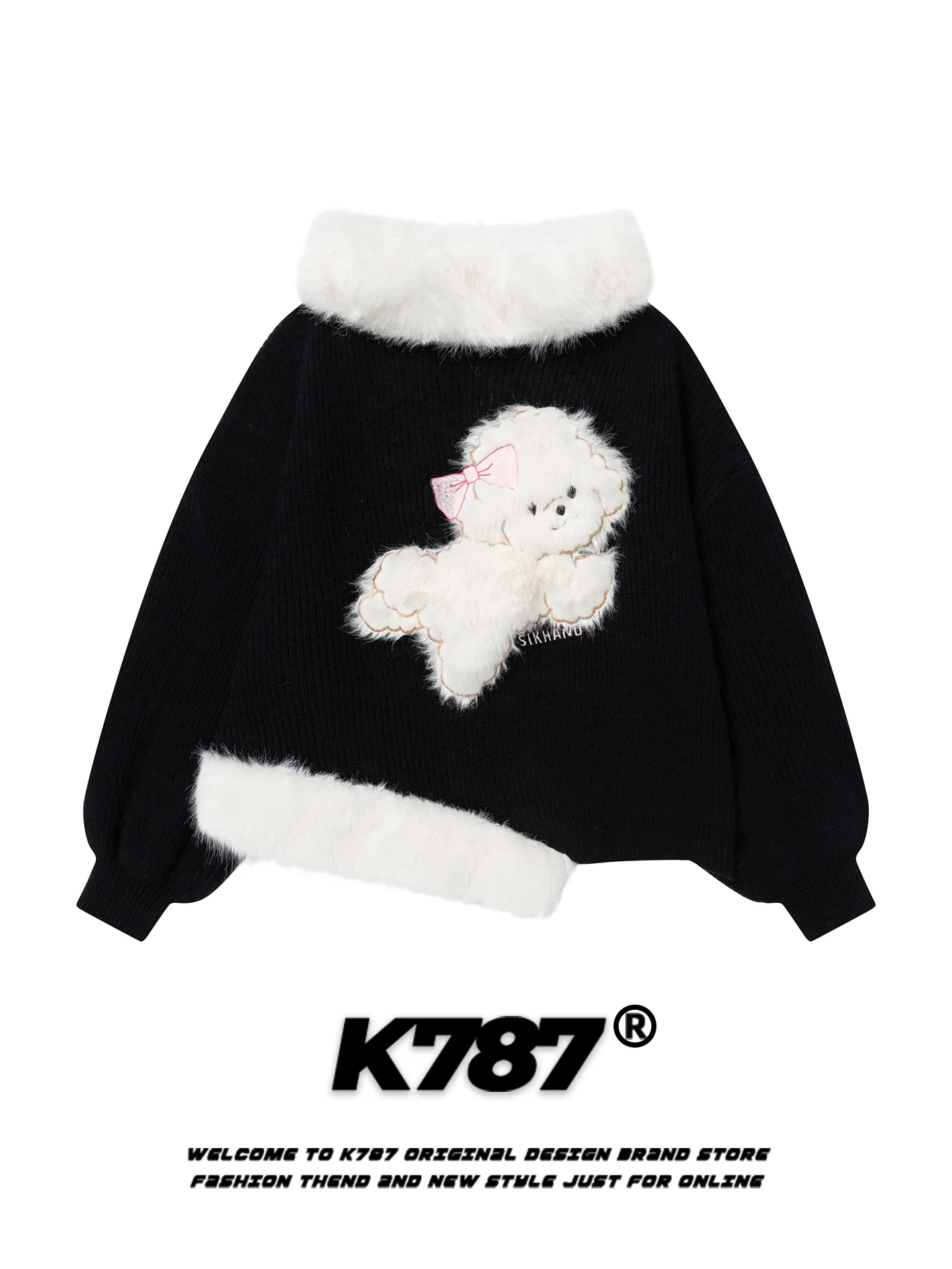 

Американский ретро-свитер с меховым воротником в виде собачки, женский, свободный, асимметричный, милый, вязаный, с коротким рукавом, круглый вырез, топ