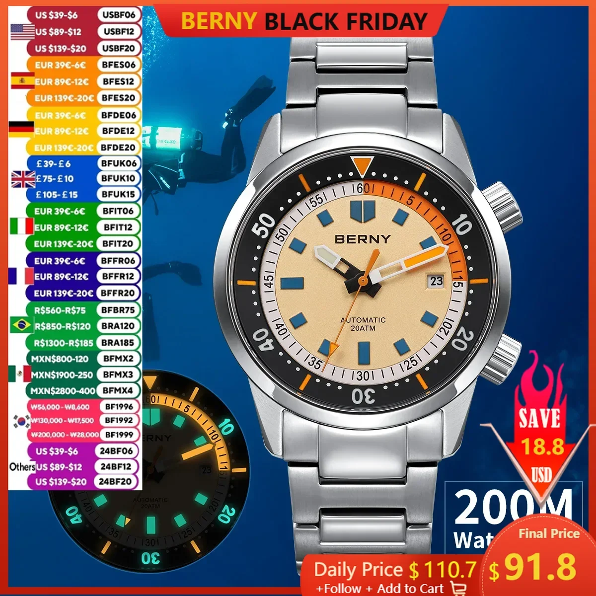 BERNY Automatic Diving Watches for Men 20AMT Super Luminous Mechanical Men's Diver Watch Sapphire Full Stainless Steel Dive