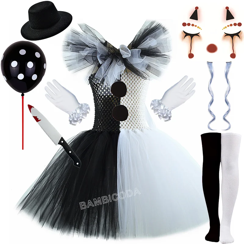 Clown Costumes Halloween Carnival Party White Black Terrifier Girls Creepy Tutu Joker Fancy Outfit Horror Clothes