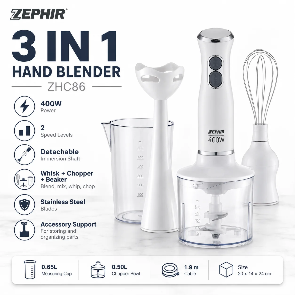 ZEPHIR ZHC86 Frullatore a Immersione 3 in 1, 400W, 2 Velocità con Frusta, Tritatutto 0,50L, Tazza Dosatrice 0,65L, Asta Staccabile
