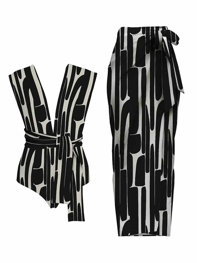 Geometric Print Ruffle Black And White Striped Colorblock Bikini One Piece Sexy Deep V Neck Tie Design Swimsuit With Long Poncho