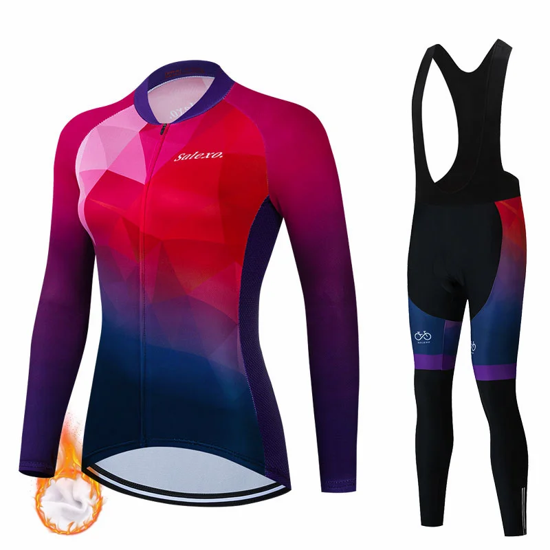 2023 Women Winter Thermal Fleece Sport Cycling Jersey MTB Bicycle Clothing Warm Long Sleeve Triathlon Mountain Bike Bib Pant Set