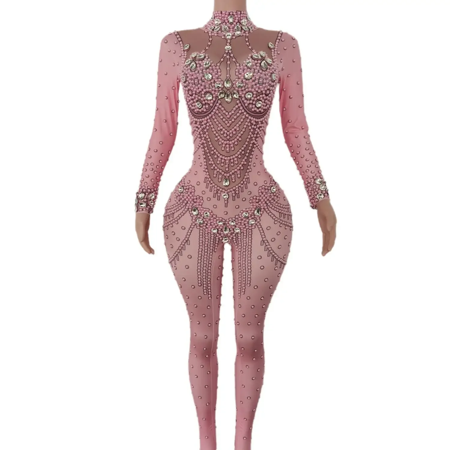 

Luxury Rhinestone Crystals Stretch Tight Pink Jumpsuits Nightclub Party Prom Dance Leotard Showgirl Costumes Celebrate Birthday