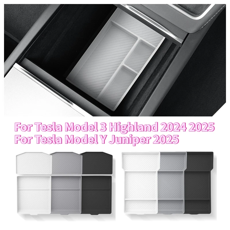 

For Tesla Model 3 Y Juniper Highland 2025 Center Console Armrest Storage Box Lower Bottom Mat Organizer Tray Pad Car Accessories