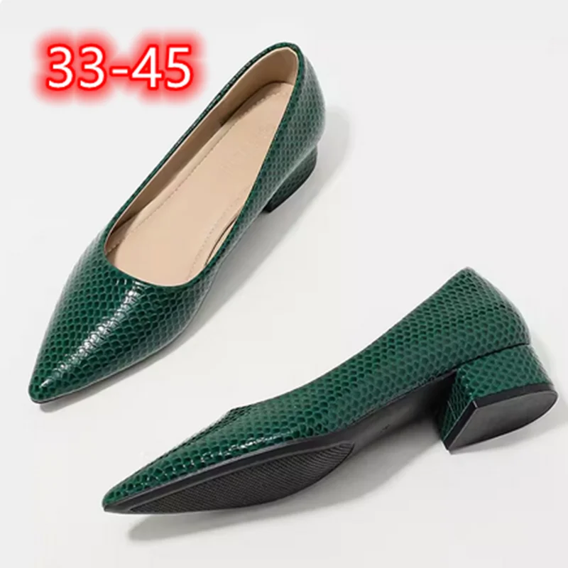 Female Sexy Snake Texure Pumps Pointy Toe Green Gold Silver Slip-On Narrow Fit 3cm Low Heels Walking Shoes Luxury Designer 33-45