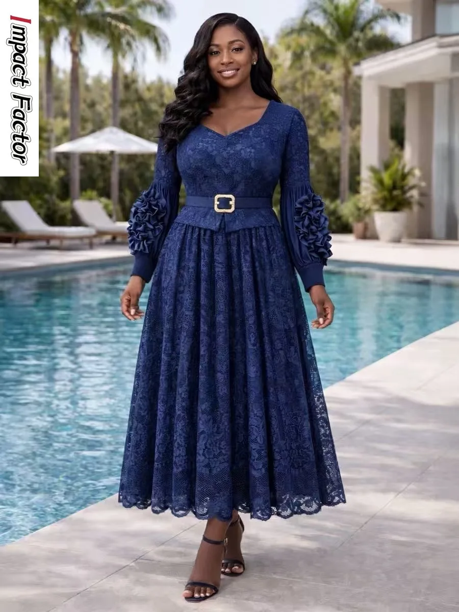 

2026 New Miyake Lace Hollow Dress Temperament Celebrity Party Dress Women's Pendula Skirt with Belt