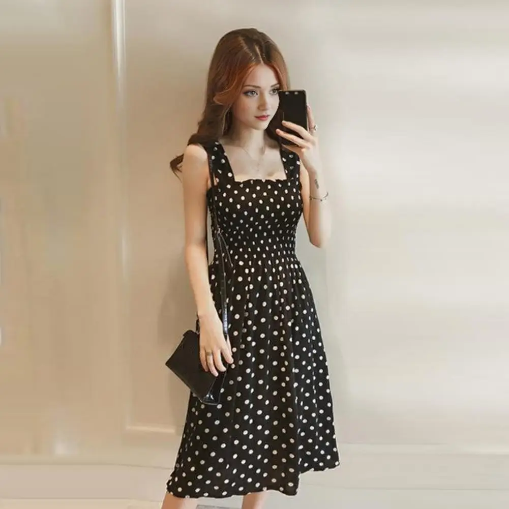 Women Printed Dress Elegant Dot Print Midi Dress with Square Neck Pleated Big Hem for Summer Dating Shopping Outfits Square