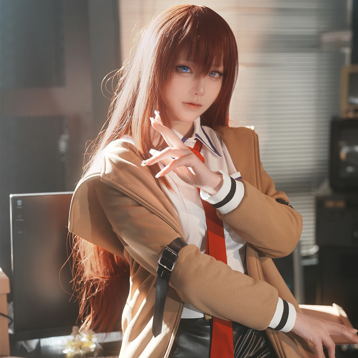 HOLOUN Steins Gate Anime Makise Kurisu Cosplay Costume Shirt Coat Shorts Tie Belt Arm Straps Daily Wear Cos Convention Gift