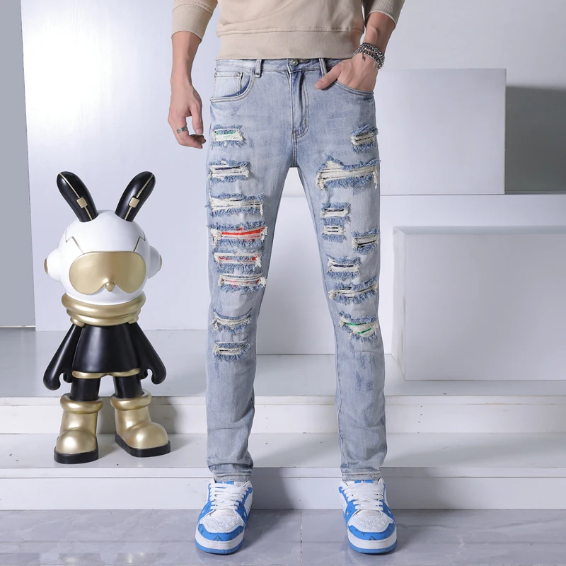 

2024 Fashion Men's Design Jeans Men's Patch Ripped Street Cool Stretch Tight Casual Motorcycle Tappered Pants