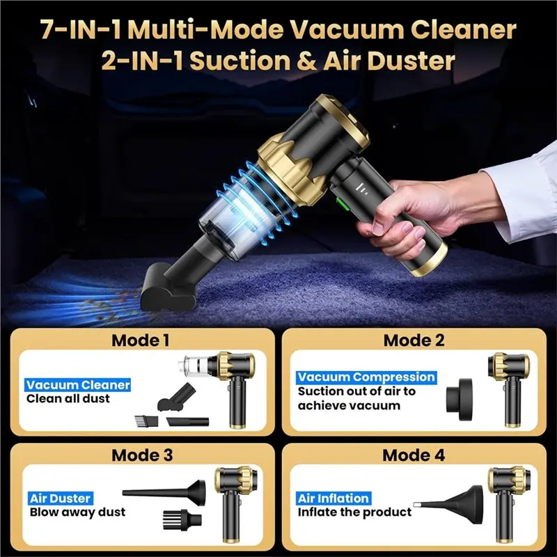 ABBZ-Car Vacuum ポータブルコードレスハンドヘルド掃除機、16000PAの強力な吸引力、7In1エアダスター/ブロワー、車、家庭、ペット用