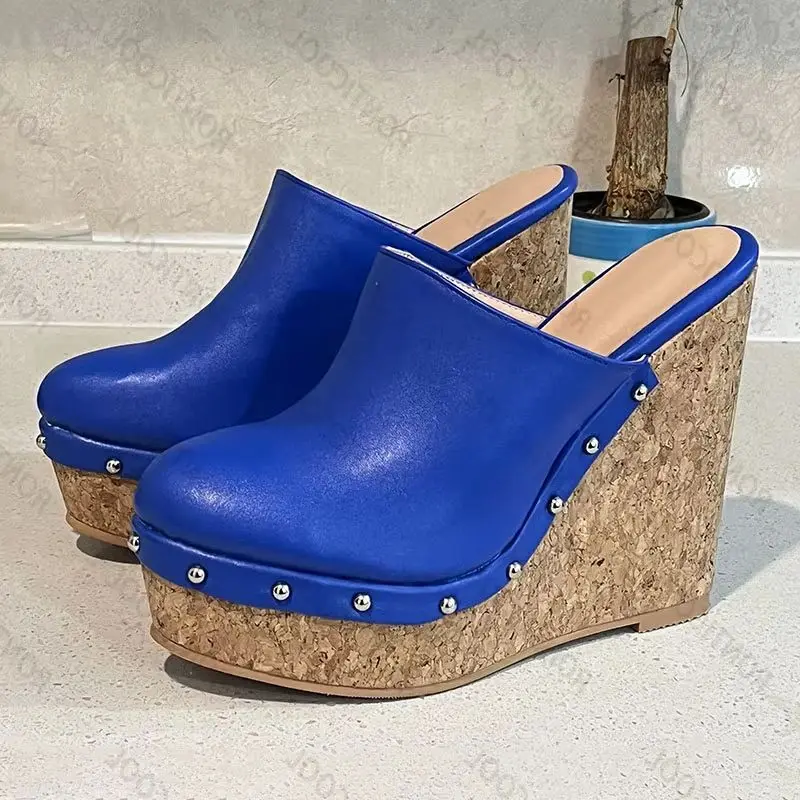 

Ronticool женские туфли-лодочки ручной работы, пикантные туфли-лодочки на танкетке с заклепками, высокие каблуки с круглым носком, бордовые, синие, красные туфли для вечеринок, женские размеры США 5-20