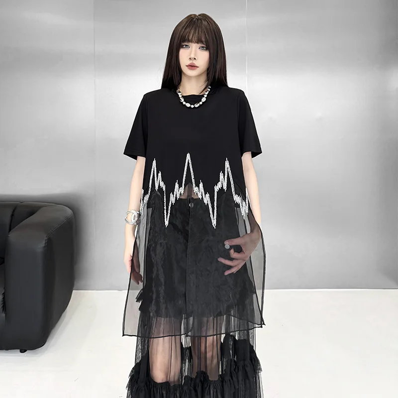 Tannt femmes robe asymétrie maille paillettes Patchwork asymétrie t-shirt robes irrégulière mode Perspective robes noires 2025 nouveau