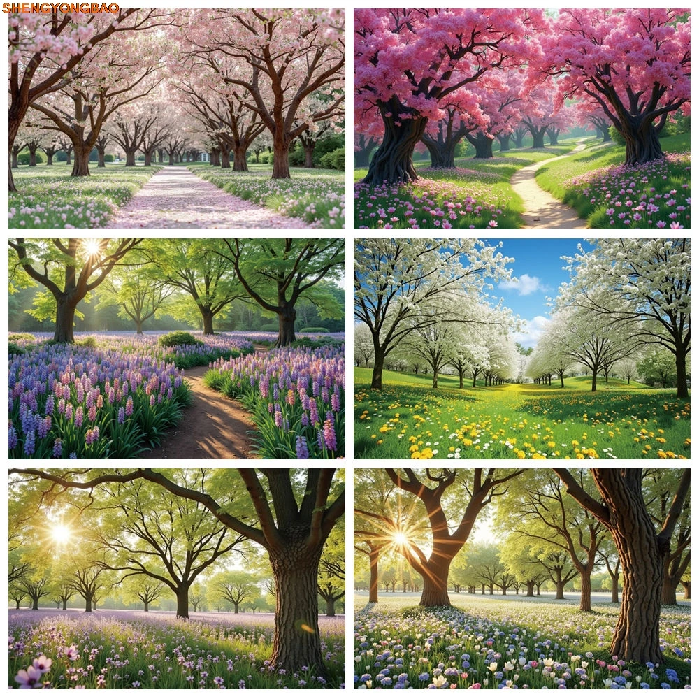 

Spring Forest Photography Backdrop Flowers Bloom Blossom Tree Green Grass Home Decorations Garden Park Photo Background