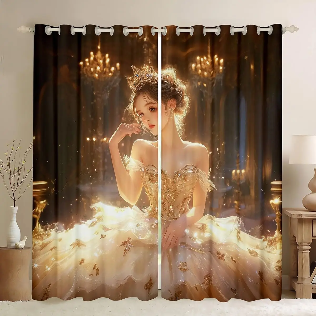 Luxury Polyester Window Curtains Golden Aesthetic Fantasy Fairy Tale Gothic Drapes for Bedroom Living Room Home Decor Panel
