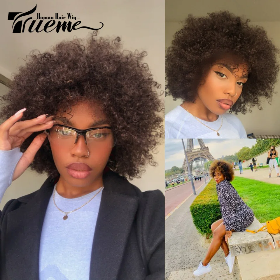 Trueme Afro Kinky Curly Human Hair Wigs Colored Brazilian Human Hair Wig For Women Ombre Brown Black Fashion Afro Curl Full Wig