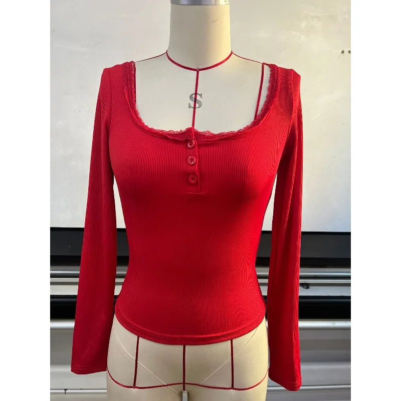 

European and American Cross-border Amazon Autumn Winter Lace Button V-neck Slim-fitting Long-sleeved Top Women's Autumn Dress