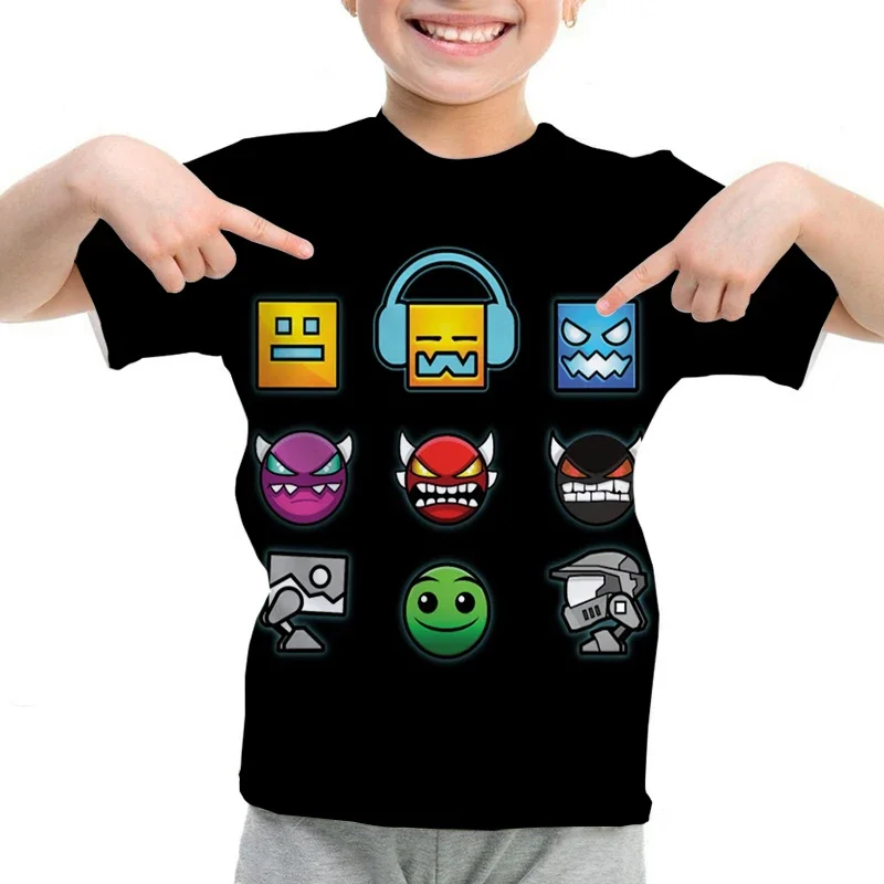 子供のための壮大なゲームジオメトリのTシャツ,3D漫画のプリントが施されたカジュアルな半袖シャツ,男の子と女の子のための夏服