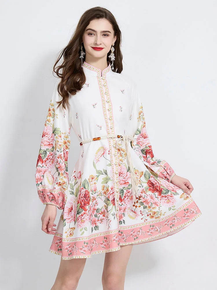 Women's Stand Long Lantern Sleeve Single Breasted Sashes Lace Up Mini Dress Autumn Gorgeous Flower Print Beach Party Vestidos