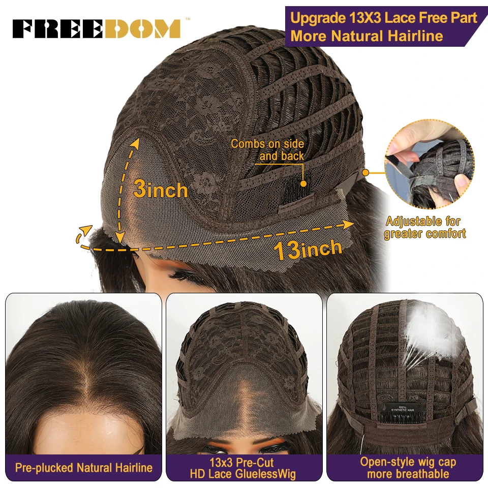 FREEDOM Synthetische Lace-Front-Perücken für Damen, natürlich gewellt, 18 Zoll, 13x3 Lace-Perücke mit vorgezupfter Haarlinie, vorgefertigte Ombre-Braun-Perücken mit Highlights – Detail 9