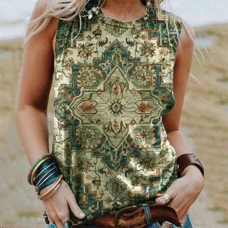 Western Style Tank Tops Geometry 3D Print Summer Fashion Women O-Neck Vest Off Shoulder Y2k Sleeveless Camisole Woman Clothing