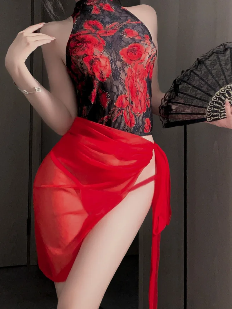 Sexy Pure Desire Kant Holle Slim Fit Rode Transparante Bloem Borduren Off-the-shoulder Jurk Charmant Hollow Out jurk PA1B