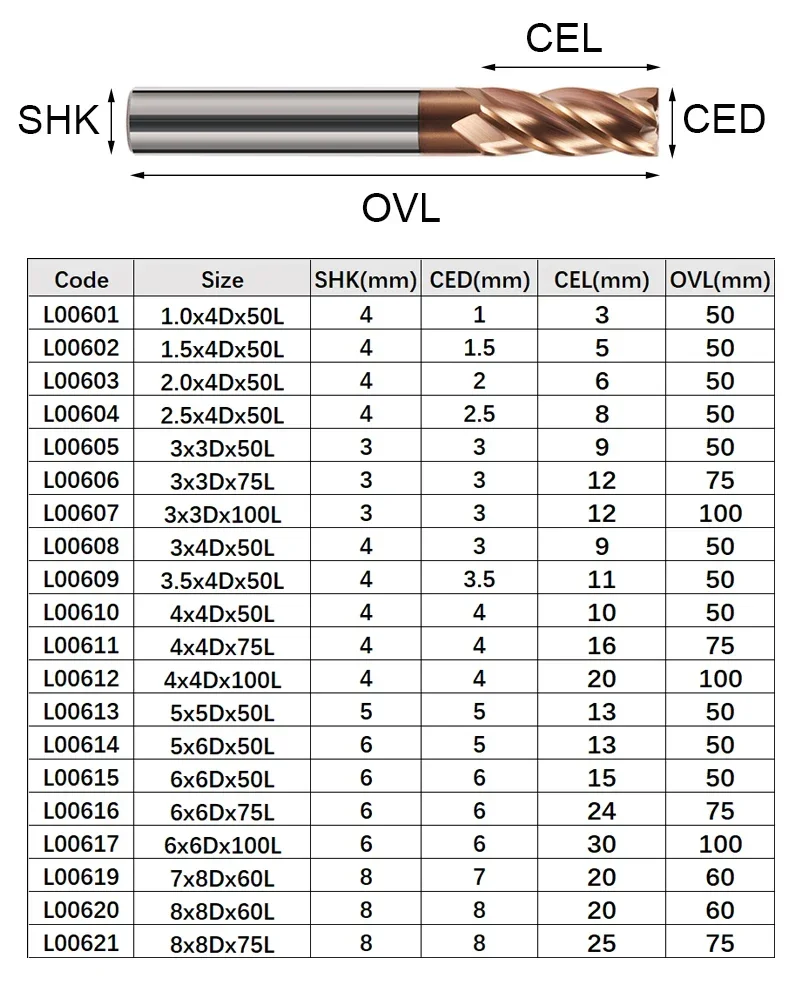 Mata profil persegi pemotong penggilingan baja Tungsten karbida HRC55 4 Flute End Mill dengan alat pemotong CNC yang dilapisi untuk logam