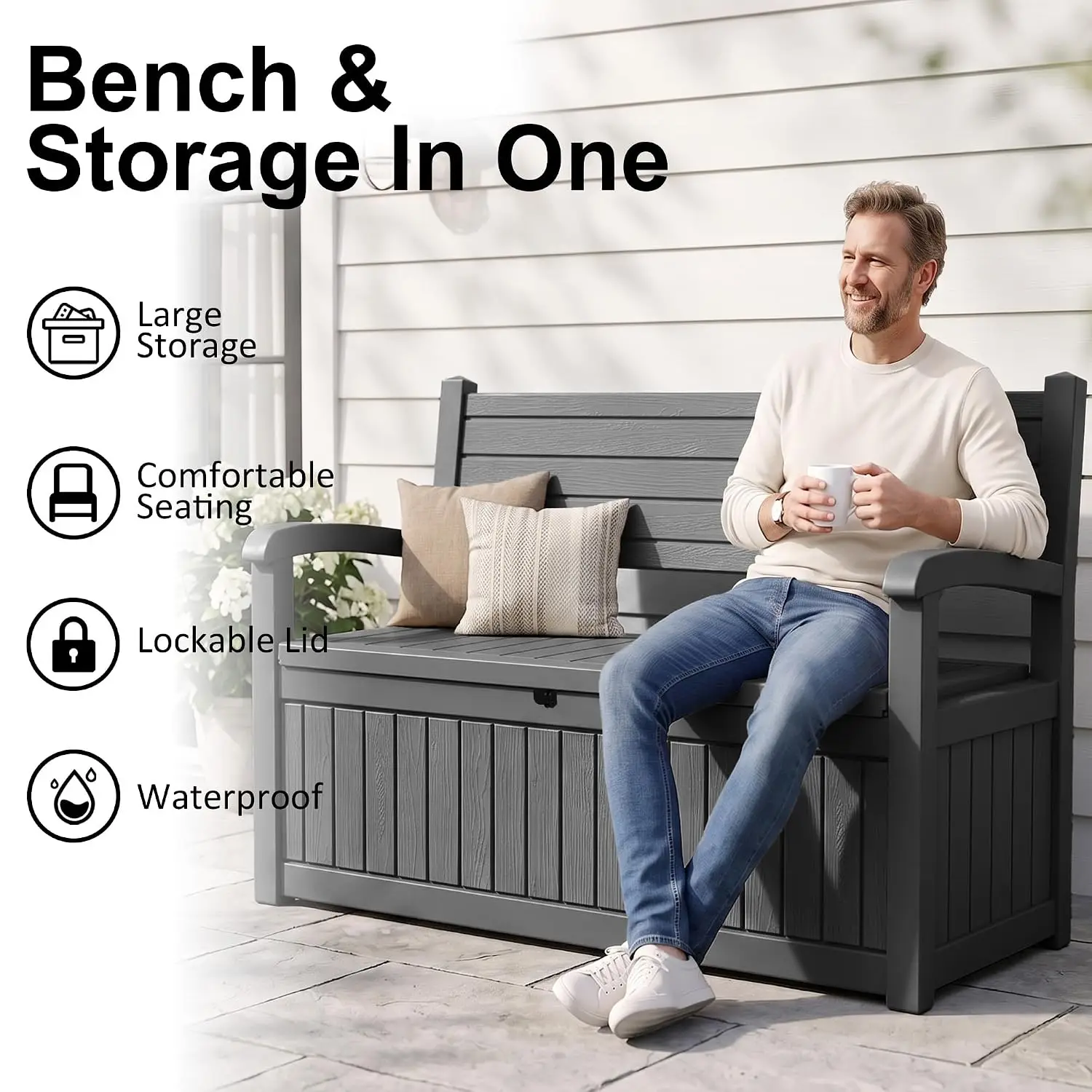 100 Gallon Outdoor Storage Bench,Waterproof Resin Deck Box with Seat Black