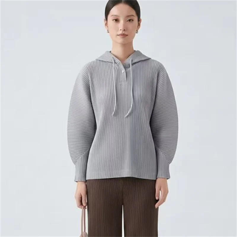Miyake Women Gray Pleated Hoodie, Half Button Drawstring Long Sleeve Loose Miyake Pleated Casual Top