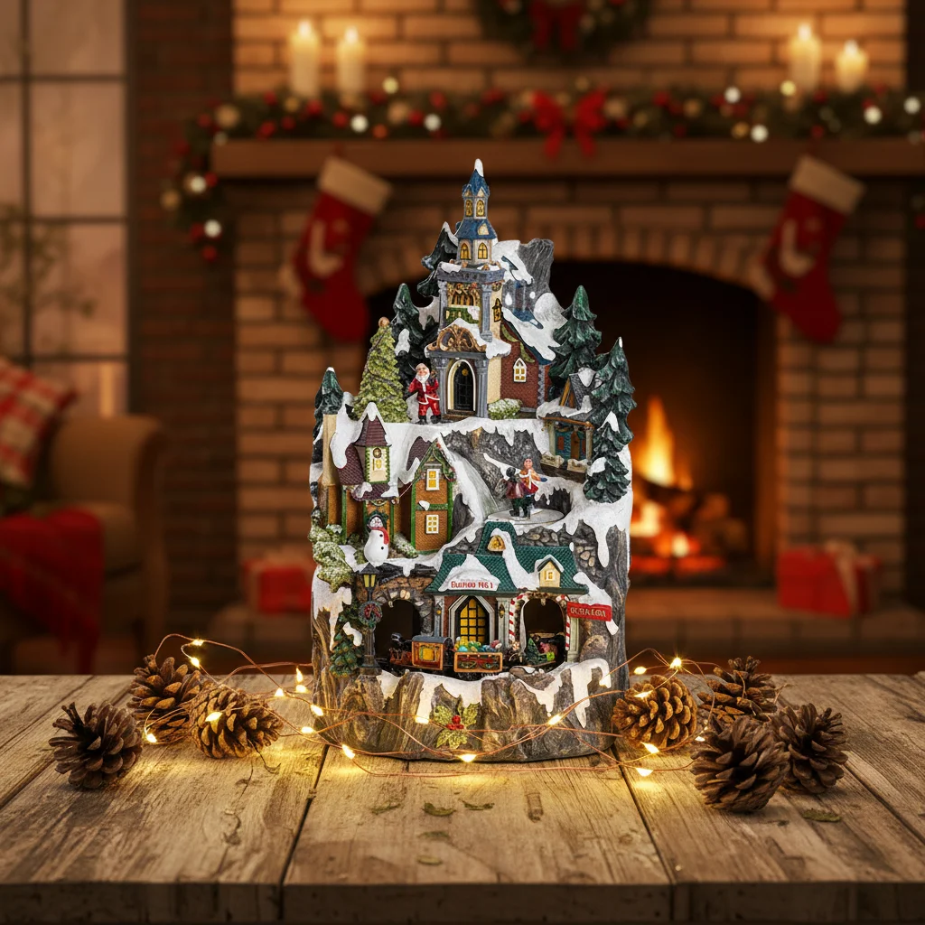 Rotatable multi-layer LED luminous Christmas Village decorative resin snow decorations with Santa/snowman,