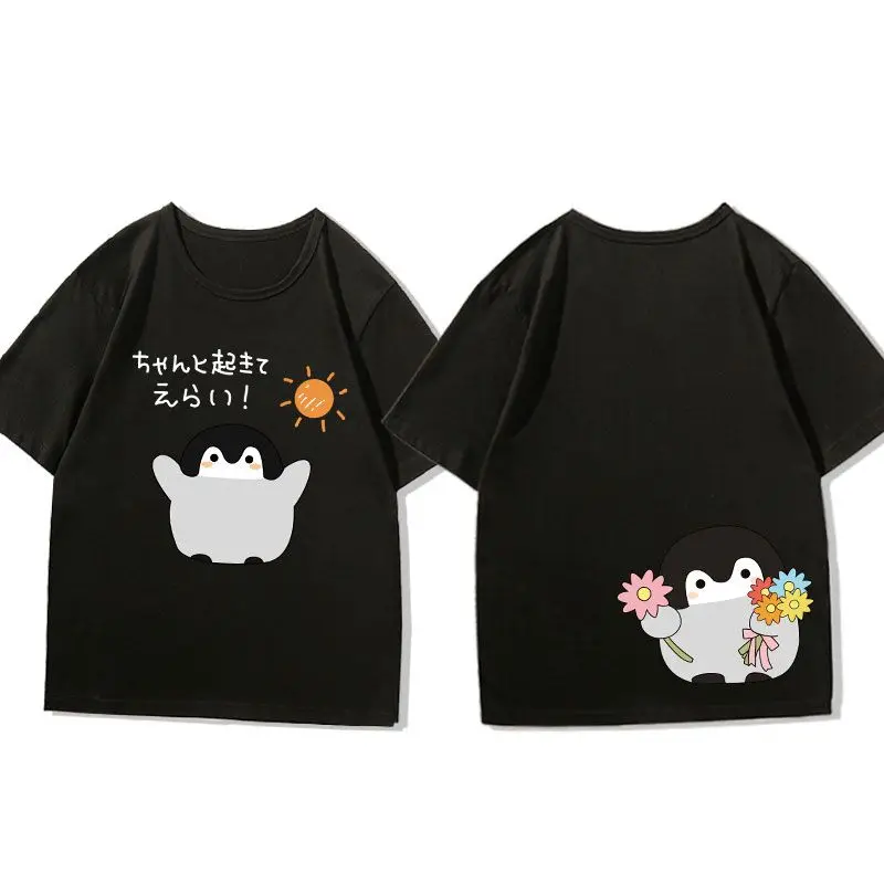 كارتون رمادي البطريق الرموز التعبيرية طباعة التي شيرت اليابانية الشارع الشهير Y2K فضفاضة تناسب للجنسين الكبار الاطفال قصيرة الأكمام أعلى #5