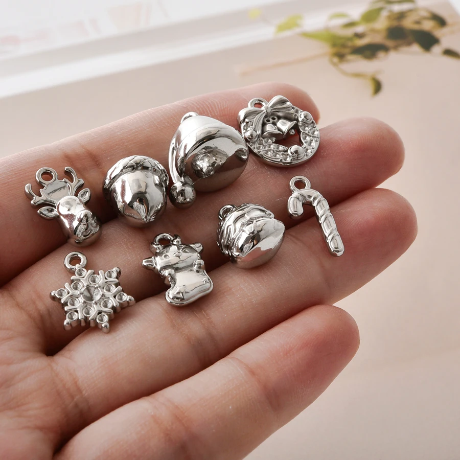 5pcs Xmas Series 3D Stainless Steel Charms Silver Color Cookies Honey Candy Cane Pendants For Holiday Earrings Bracelet Necklace