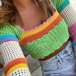 Women Summer Flare Long Sleeve Crochet Crop Top Hollow Out Knit Rainbow Geometric Striped T-Shirt Retro Square Neck Slim Fit Tee