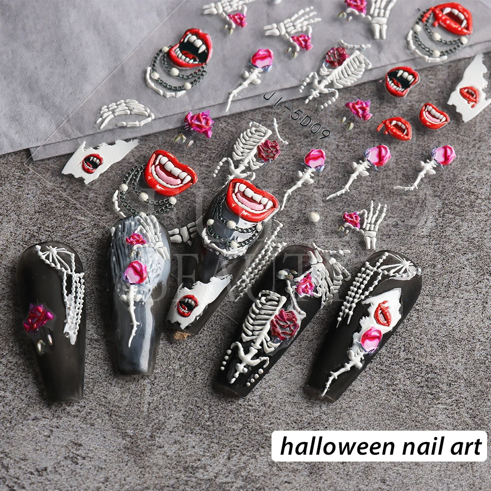 Halloween 5D Nail Sticker Horror Mask Decor Spooky Design Bones Blood Drips Skull Sliders For Nails Lips Decal Wraps GLJI-5D11