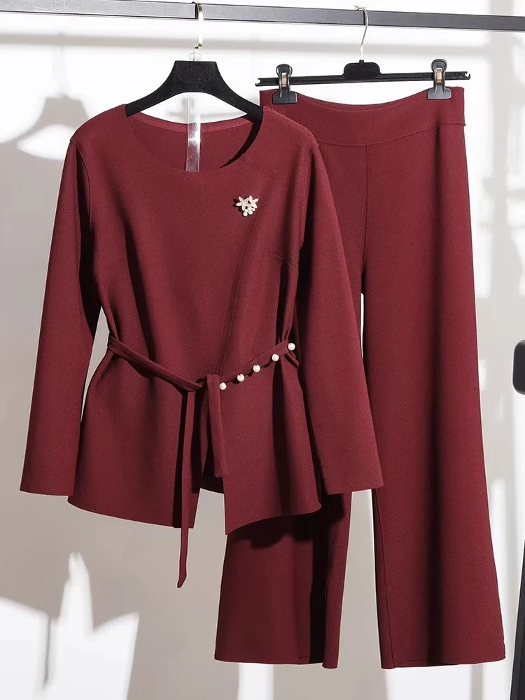 Elegant Simple Spring New Style Women's Two-Piece Set with Belt Wide Leg Pants Long Sleeve Top High Waist Fashion Maturity
