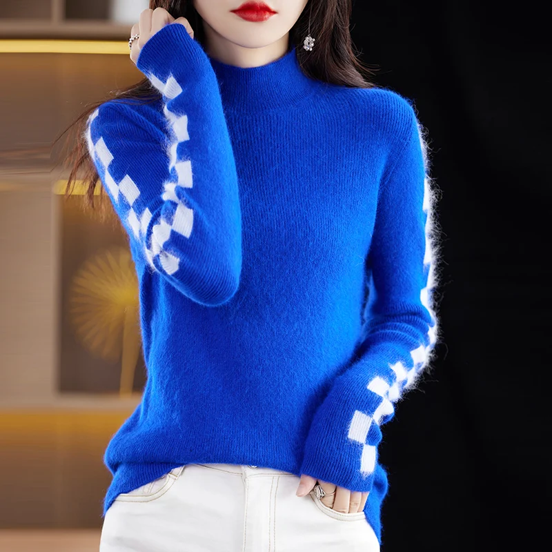 BELIARST 2023 Autumn Winter New 100% Mink Cashmere Women's Clothing Half High Neck Sweater Stripped Knit Pullover Jumper BR-080