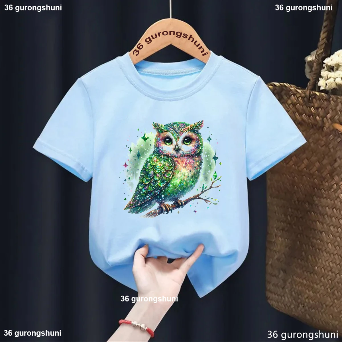 Sparkling Owl Animal Print Girls T Shirt Fashion Kawaii Kids T-Shirt Summer Girls Clothes Owl Artwork Print Tshirt Boys Blue Top