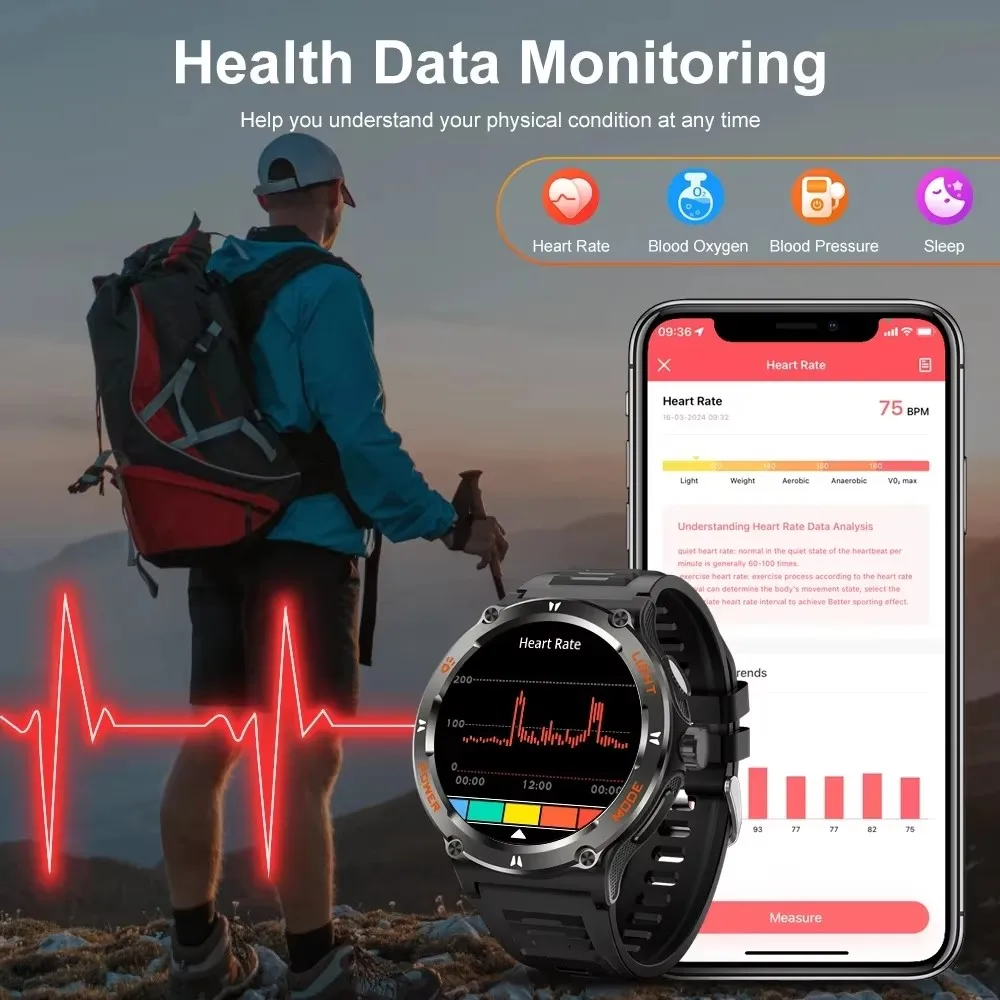 New1.53-Inch HD Screen outdoor Compass SmartWatch BT Call 3ATM GPS Sport And LED Flashlight Heart Rate Sleep Analysis SmartWatch