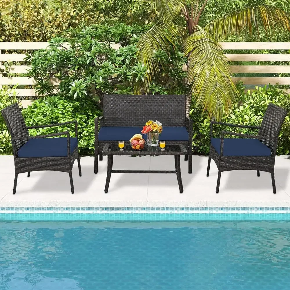 4-Piece Rattan Patio Set with Glass Coffee Table, Cozy Wicker Loveseat and Chairs for Outdoor Living