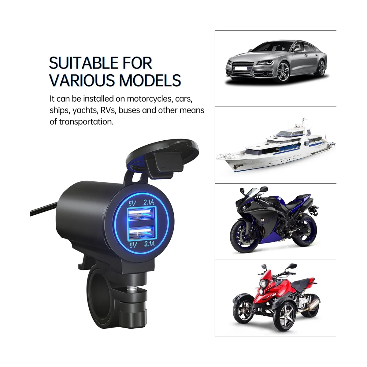 Chargeur de moto pour touristes, charge USB 2,1 A, voltmètre, chargeur de téléphone, adaptateur secteur rapide étanche, prise