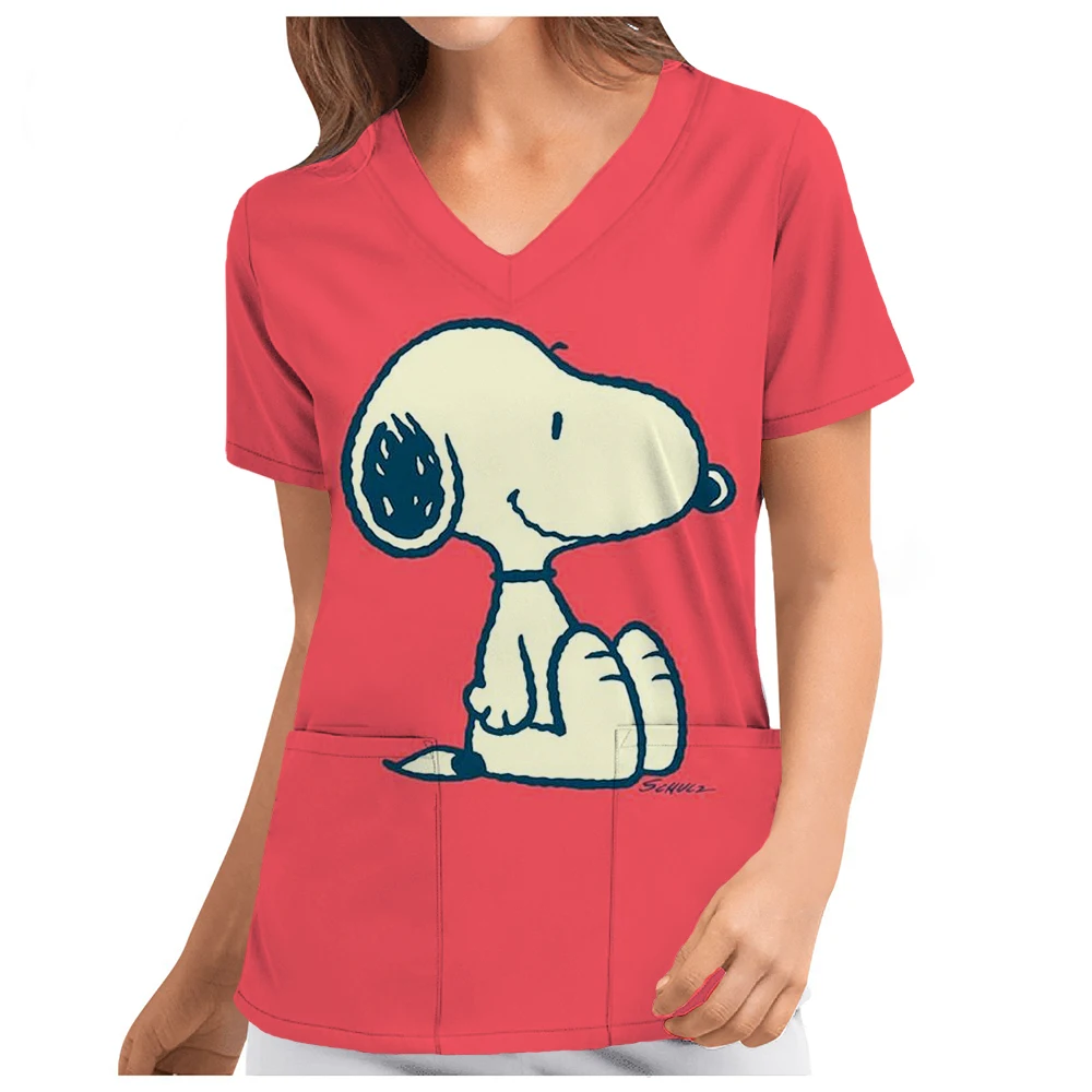 Women Nurse T-Shirt Workers Snoopy print Short Sleeve Pocket V Neck Nursed T Shirts Scrub Uniform Workwear Carer Working Tops