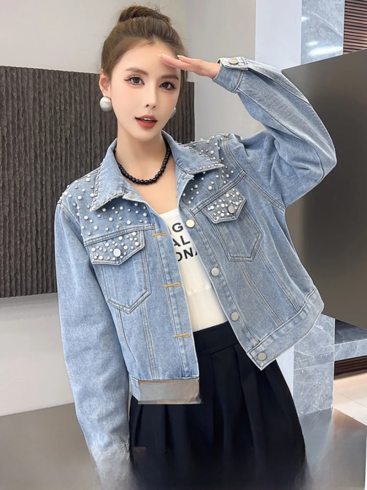 

Waed Denim Jaet Women's ort Sle Autumn Season Tag Removed Bead Embellied Faion Top Button down Casual Coat