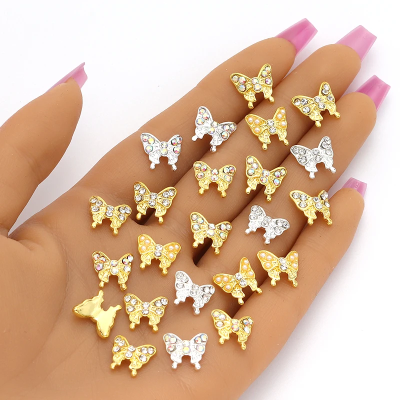 10pcs Butterfly Shaped Nail Rhinestone Silver Gold Butterflies Nail Charm 3D Nail Decoration Glitter Nail Manicure Accessories