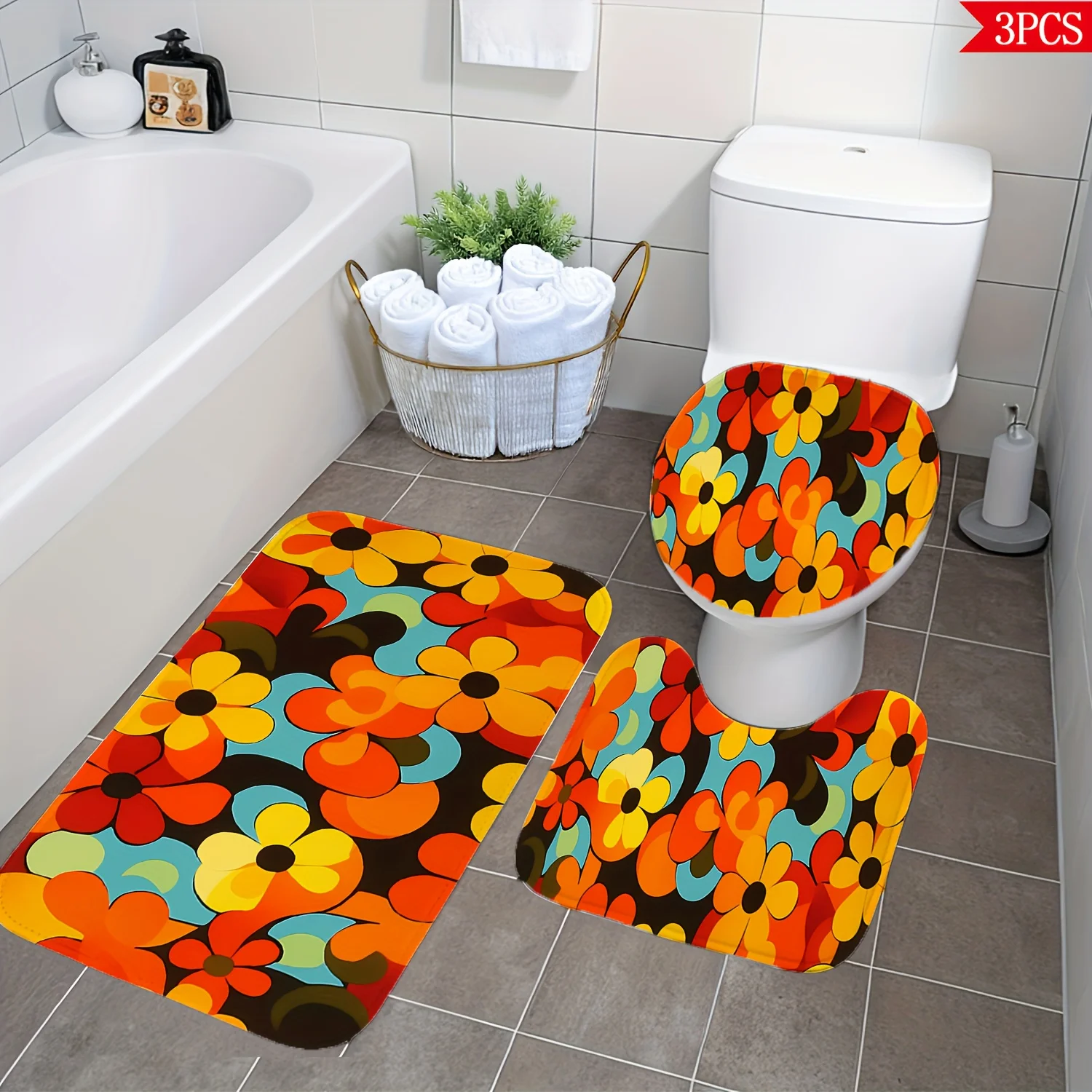 Decorative Bathroom Mat Set 3pcs Bundle Colorful Floral Print Floor Rug Toilet Protector Home Decor Accessories