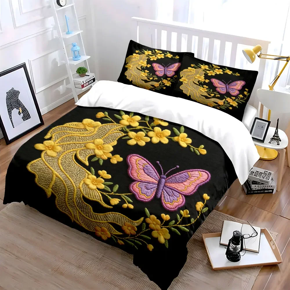 Butterfly Floral Embroidery Set for Craft Soft Comfortable Duvet Cover Bedding Set Included 1*Duvet Cover & 2*Pillowcases,gift