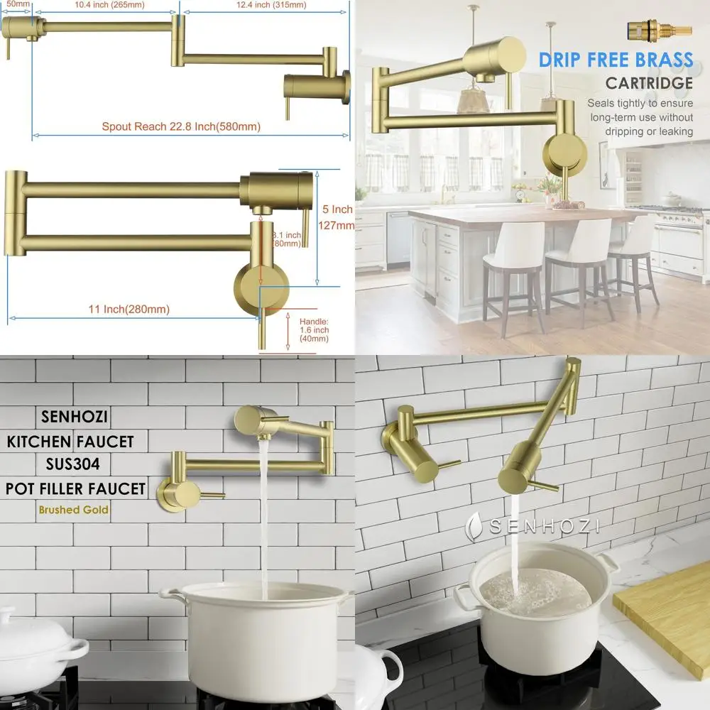 

Modern Brushed Gold Wall-Mounted Kitchen Faucet with Flexible Double Joint Swing Arms, Model SE-0051-BG