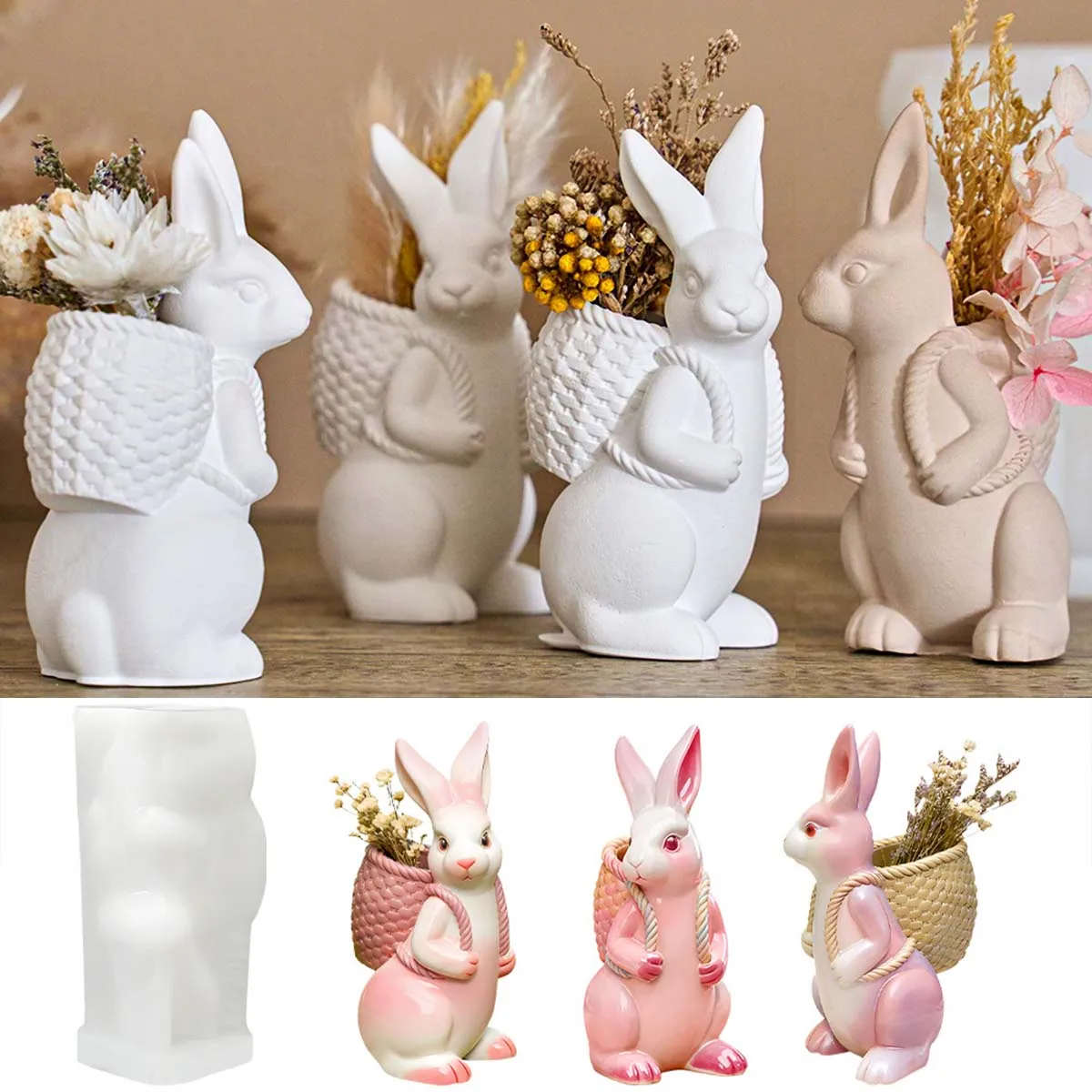 3D Easter Bunny Silicone Mold DIY Cute Animal Basket Rabbit Vase Ornaments Casting Molds Home Plaster Concrete Craft Gift Decor