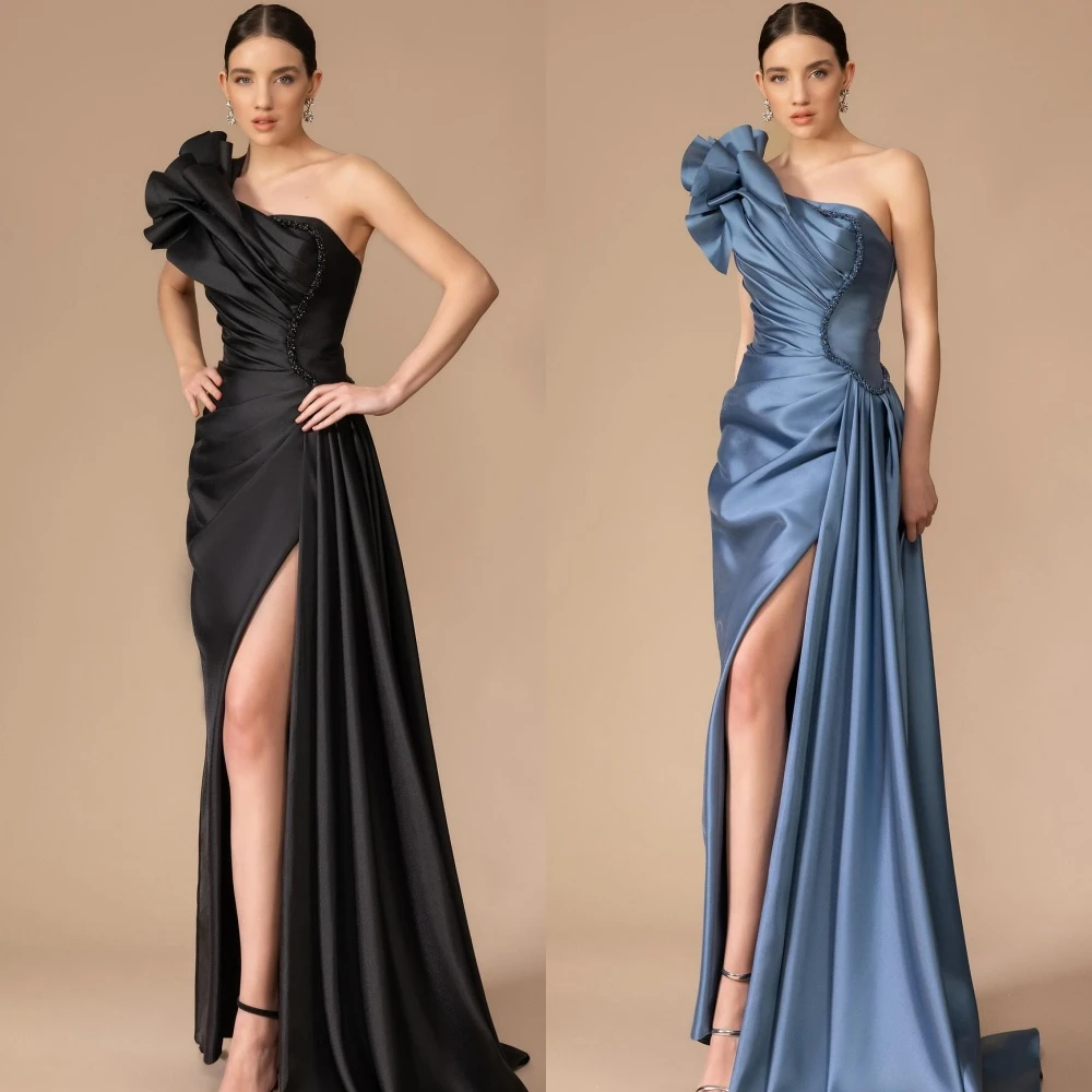 Customized Satin Pleat Wedding Dress Straight One-shoulder Bespoke Occasion Gown Long Side High Split Backless Party Dresses