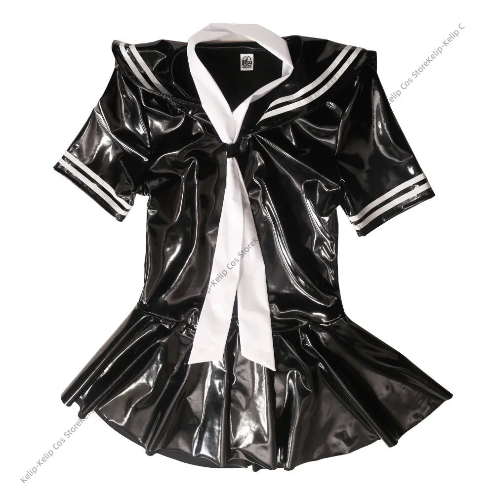 Anime defoko Collar Wet Look PVC Cosplay Dress Short Sleeve A-line  PU Leather Vestido Sexy Minifalda Stage Performance